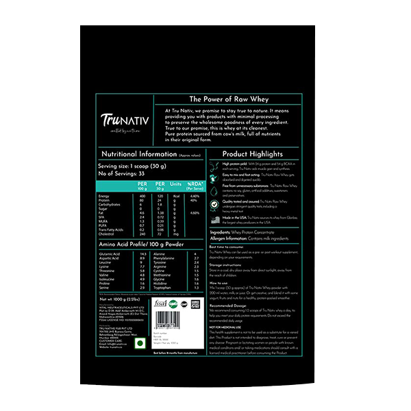 nutritional information of trunativ raw whey concentrate protein